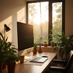 Fototapeta premium Modern minimalist home office setup with a laptop, large monitor, indoor plants, and warm natural sunlight coming through the window