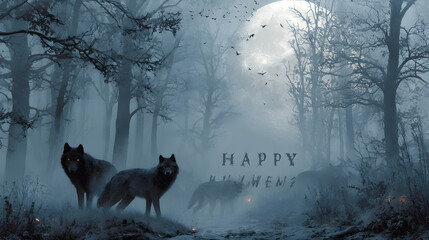 A Halloween banner Happy Halloween 2026 wallpaper hd realistic with moonlit forest, black wolves, and eerie glowing eyes