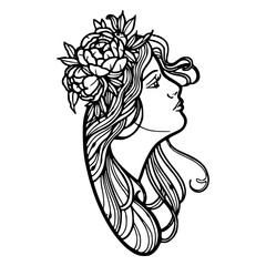 hand-drawn woman with bohemian flower wreath