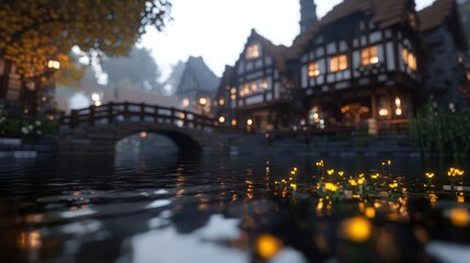 Quaint European village reflecting on water under a cloudy sky with stone bridge