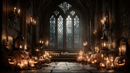 A Halloween banner Happy Halloween 2026 wallpaper hd realistic with dark castle interior and glowing stained glass windows
