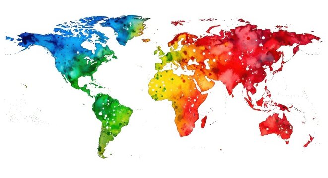 A Vibrant Watercolor World Map Artwork in Rainbow Colors