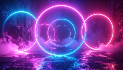 Obraz premium Three neon circles glow with pink and blue light, reflected on a glossy surface with smoky haze and a textured background.