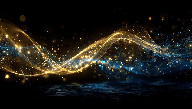 Abstract swirling golden and blue particles on a dark background (1) - Powered by Adobe