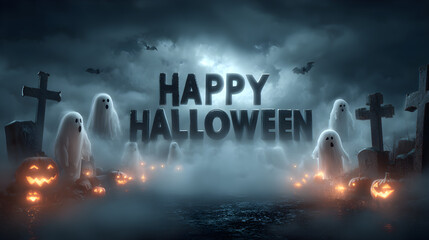 A Halloween banner Happy Halloween 2026 wallpaper hd realistic with glowing ghost apparitions, graveyard crosses, and mist