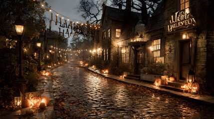 A Halloween banner Happy Halloween 2026 wallpaper hd realistic with old lantern lighting up a haunted village street