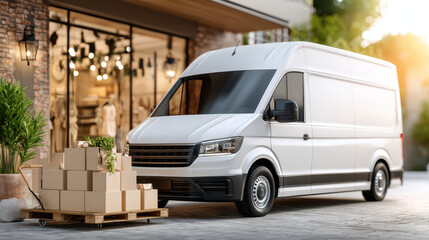 Naklejka premium White delivery van parked near store entrance with stacked cardboard boxes on wooden pallet, bright sunlight creating warm atmosphere