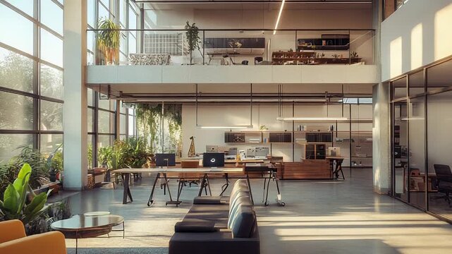 Modern, empty, open plan office with plants and mezzanine