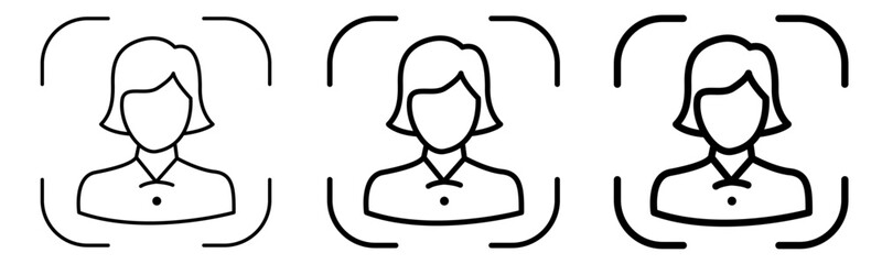 Female adult avatar profile icons with face recognition brackets, outline line style user identification and login symbols, vector illustration isolated on transparent background