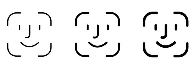 Face recognition icons showing smiling face scan identification symbols with rounded frame lines isolated on transparent background
