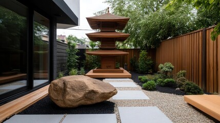 Tranquil japanese garden design featuring pagoda sculpture, modern architecture, and serene