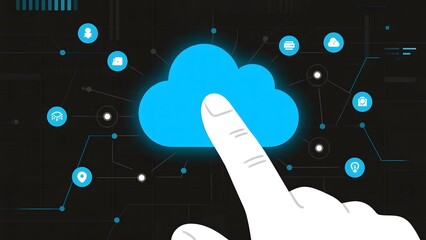 Hand interacting with a glowing cloud surrounded by connected icons on a dark background