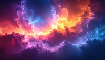 Naklejka premium Vibrant, swirling nebula clouds in cosmic space, fiery and electric hues.
