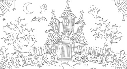 Fototapeta premium Haunted house illustration with pumpkins and ghosts for Halloween 