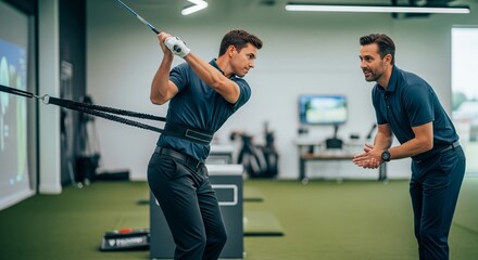 Golf learning scene with golfer practicing swing using resistance band trainer indoors as coach gives guidance. Focused educational atmosphere, clean well-lit space, cinematic style