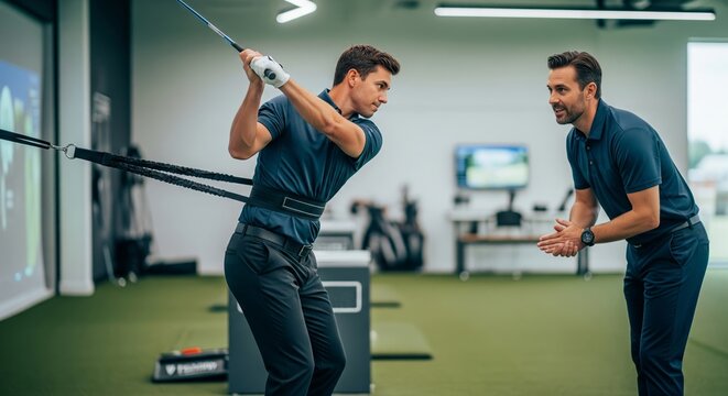 Golf learning scene with golfer practicing swing using resistance band trainer indoors as coach gives guidance. Focused educational atmosphere, clean well-lit space, cinematic style