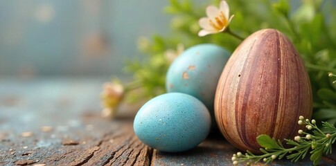 Obraz premium Rustic wooden Easter egg decoration, handcrafted with natural wood grain and charming imperfections Perfect for spring decor, farmhouse style, and Easter celebrations , wood, easter