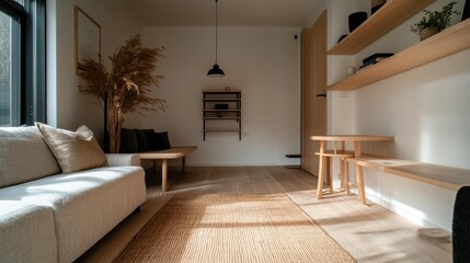 A calming living room interior with natural wood accents and a minimalist design concept