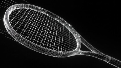 Illuminated tennis racket against a black background depicted as a wireframe with glowing edges - Powered by Adobe