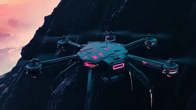 Futuristic drone exploring alien planet at sunset