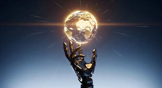A robotic hand gently holds a glowing Earth, representing global technology, artificial intelligence, and environmental stewardship.