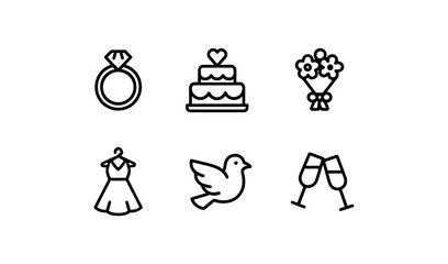 Naklejka premium Minimalist wedding icons: ring, cake, bouquet, dress, dove, glasses