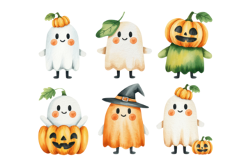 Whimsical Watercolor Halloween Ghost Characters Illustration