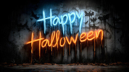 A Halloween banner Happy Halloween 2026 wallpaper hd realistic with neon Halloween typography and graffiti wall