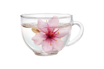 Stock photo of pink flower in glass cup with water floral blossom tea art on transparent background