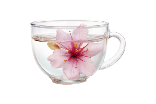 Stock photo of pink flower in glass cup with water floral blossom tea art on transparent background - Powered by Adobe
