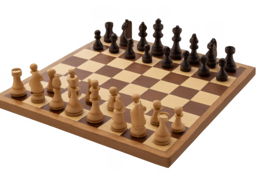 Wooden chessboard with chess pieces starting a new game on transparent background - Powered by Adobe