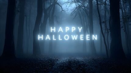 Obraz premium A Halloween banner Happy Halloween 2026 wallpaper hd realistic with foggy night, glowing eyes in the dark, and spooky forest