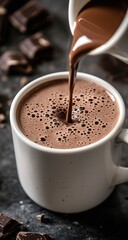 A photo of hot chocolate being poured into a white cup. The chocolate is thick and lumpy, with small bubbles on top and a dark brown liquid, taken from the side.
