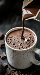 A photo of hot chocolate being poured into a white cup. The chocolate is thick and lumpy, with small bubbles on top and a dark brown liquid, taken from the side.