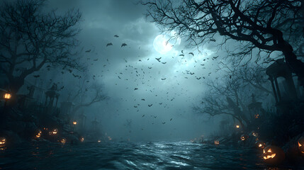 A Halloween banner Happy Halloween 2026 wallpaper hd realistic with creepy underwater graveyard