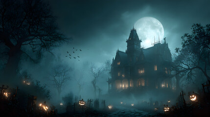 A Halloween banner Happy Halloween 2026 wallpaper hd realistic with eerie moonlight shining through haunted mansion windows