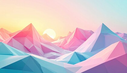 Abstract low poly landscape with pastel colored mountains and a glowing sun in the background.