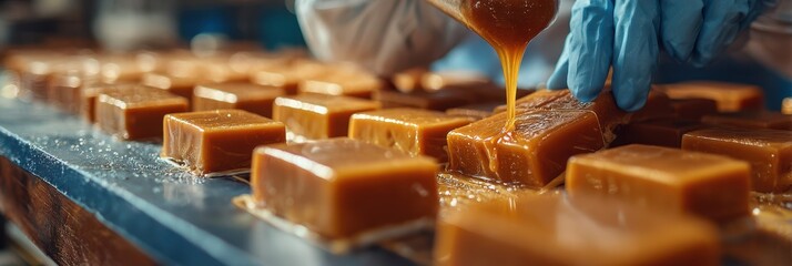 Candy maker pouring caramel into molds in a bustling factory during a sunny afternoon