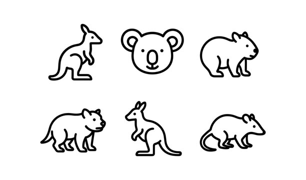Simple outline icons of australian animals featuring kangaroo, koala, wombat, and tasmanian devil in minimalist design