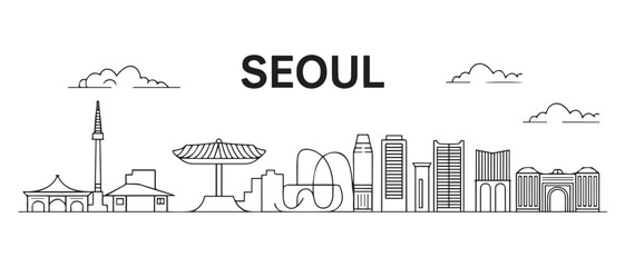 Seoul Line Art skyline. Travel Seoul famous landmarks. Business and tourism concept for presentation, banner, web site. with white background