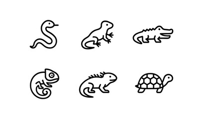 Fototapeta premium Simple black line icons of reptile animals including snake, lizard and turtle