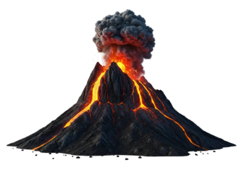 A dramatic eruption of a volcano, with molten lava flowing down its slopes and a large plume of smoke billowing from the crater.