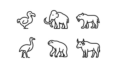 Obraz premium Extinct animals line art: dodo, mammoth, saber tooth, and more