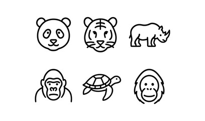 Minimalist animal icons set featuring panda, rhino, tiger, and more