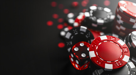 Stack of Red and Black Poker Chips with Dice on Casino Table and Dark Background