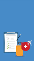 Travel insurance. Traveling luggage suitcase and airplane trip protect. Plane flight safety symbol. Aircraft journey risk protection.	