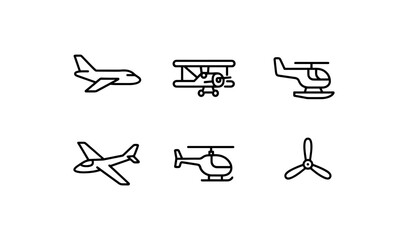 Minimalist aircraft icons: airplane, helicopter, propeller in linear style