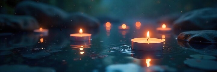 Enchanted floating candles illuminate a dark, still water surface, creating a magical, serene atmosphere  Perfect for spa, meditation, or fantasy themes ,  serene,  wellness,  night