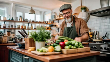 Man in modern kitchen preparing fresh vegetables for cooking. Healthy lifestyle, home cooking, diet concept. Chef mood, authentic culinary moment, vibrant food scene. - Powered by Adobe