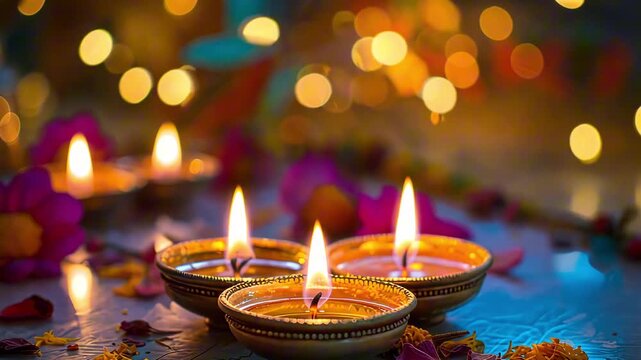 Close up diwali lamp with candle inside on festive dark background, indian goddess festival diwali and holi celebration concept